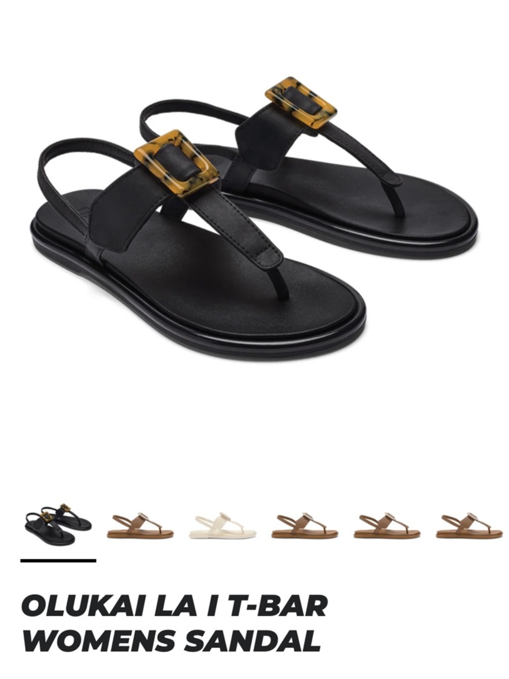NWOT OluKai Learher Black lai’ T-Strap Sandal with Tortoiseshell Accent